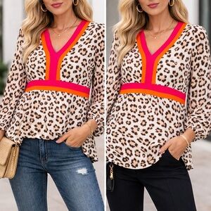 NWOT Animal Print Blouse with Pink and Orange Stripe